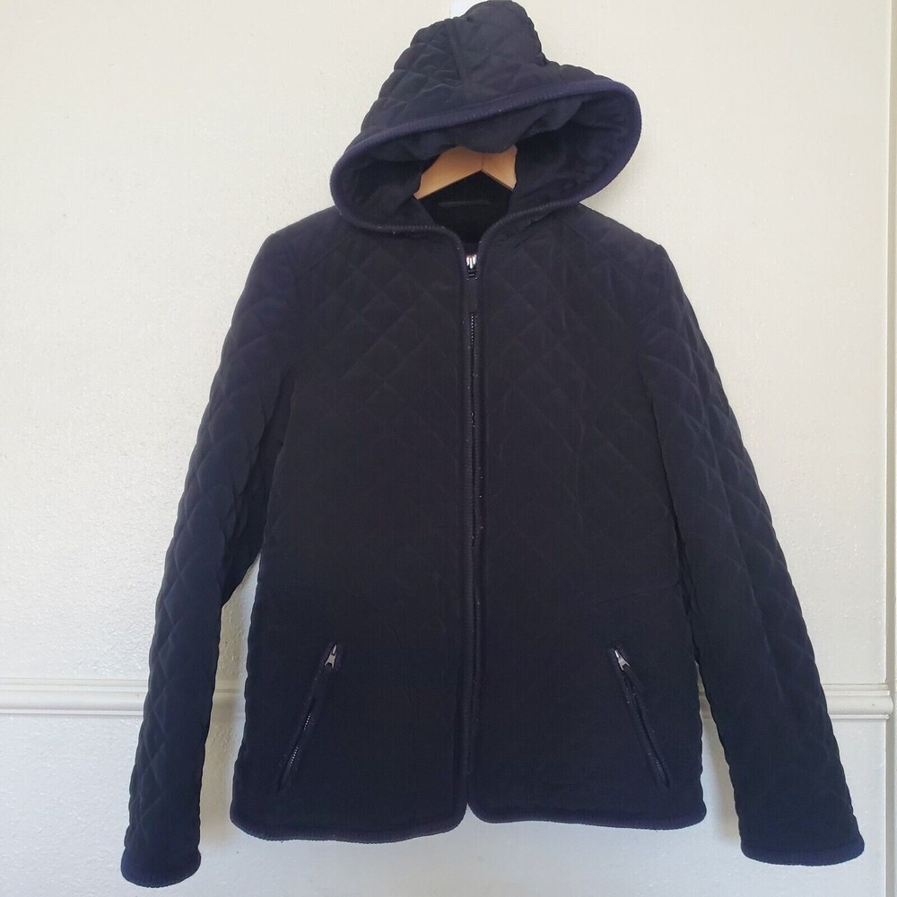 Esprit Womens Full‎ Zip Jacket Coat Quilted Hooded Fleece Lined Black Sz Medium